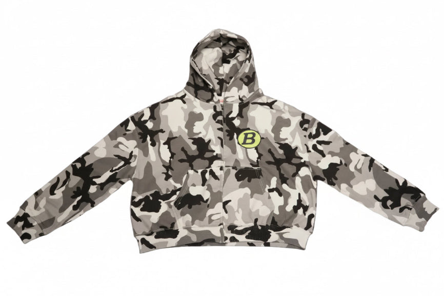 Camouflage hoodie with a logo on a white background